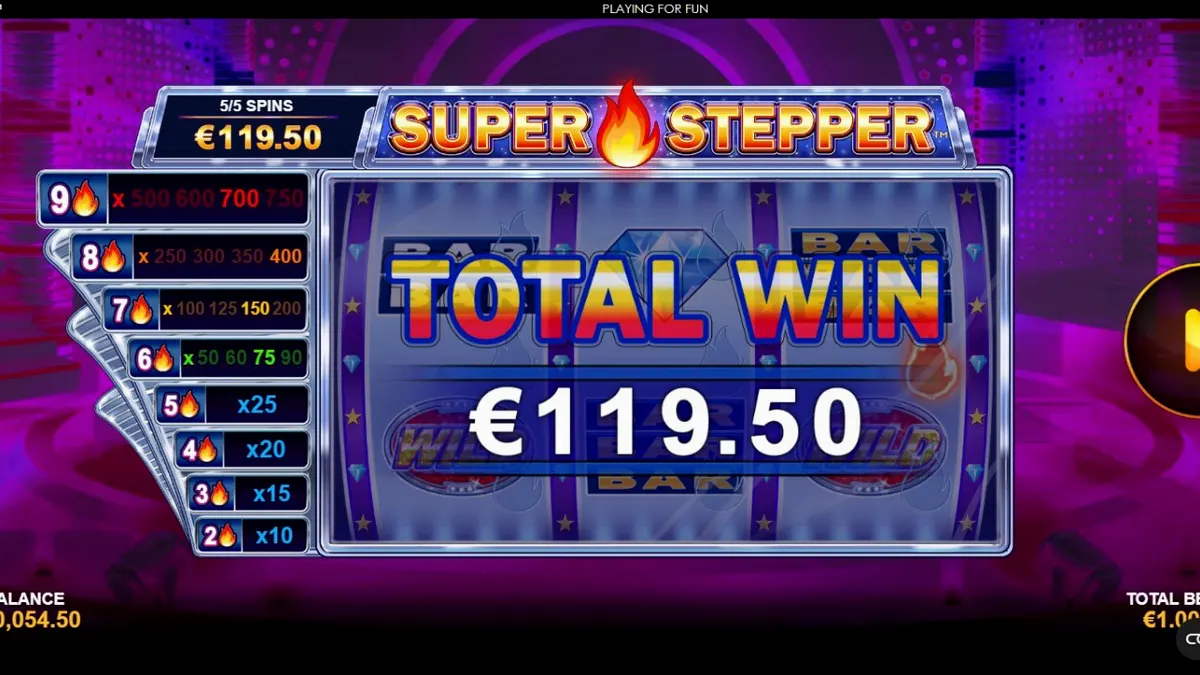 Tampilan antarmuka slot Super Stepper yang dioptimalkan untuk perangkat seluler dengan nuansa neon ungu.