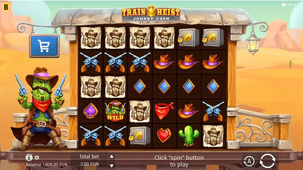 Tampilan visual slot Train Heist Johnny Cash dengan latar belakang gurun dan kereta api